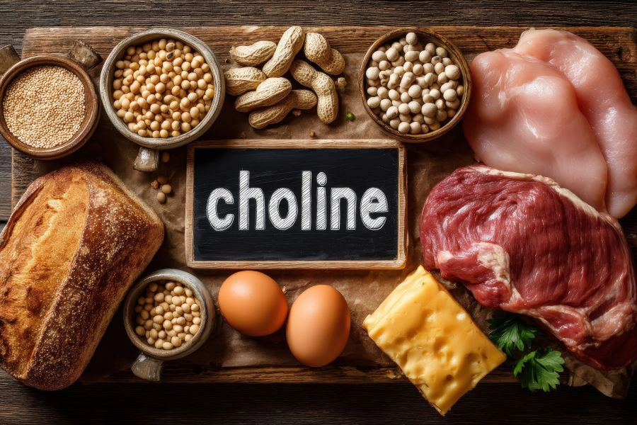 Still life with choline-rich foods like beef, chicken, eggs, cheese, soybeans, and bread, with a wooden board written Choline